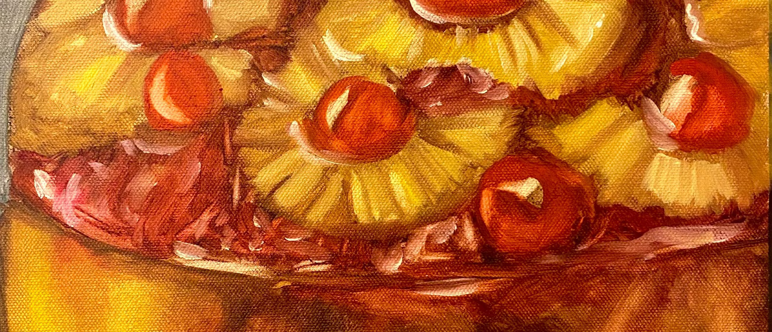 Painting of a dessert with pineapple slices and cherries on a plate